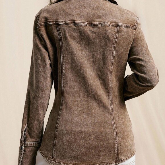 Brown Casual Western Women's Acid Wash Distressed Denim Jacket - Picture 2 of 7